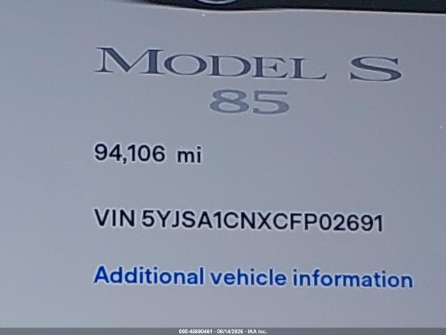 2012 Tesla Model S Signature მანქანა იყიდება აუქციონზე, vin: 5YJSA1CNXCFP02691, აუქციონის ნომერი: 45890461