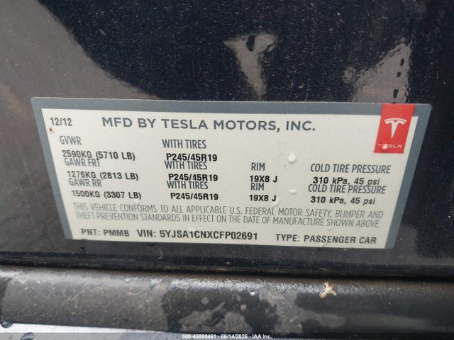 2012 Tesla Model S Signature მანქანა იყიდება აუქციონზე, vin: 5YJSA1CNXCFP02691, აუქციონის ნომერი: 45890461
