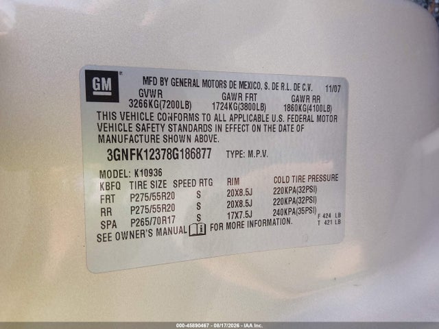 45890467 :رقم المزاد ، 3GNFK12378G186877 vin ، 2008 Chevrolet Avalanche 1500 Ltz مزاد بيع