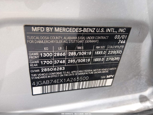45890475 :رقم المزاد ، 4JGAB74EX1A265500 vin ، 2001 Mercedes-benz Ml 55 Amg مزاد بيع