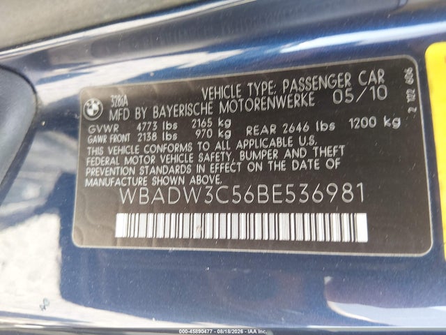 Продаж на аукціоні авто 2011 Bmw 328i, vin: WBADW3C56BE536981, номер лоту: 45890477