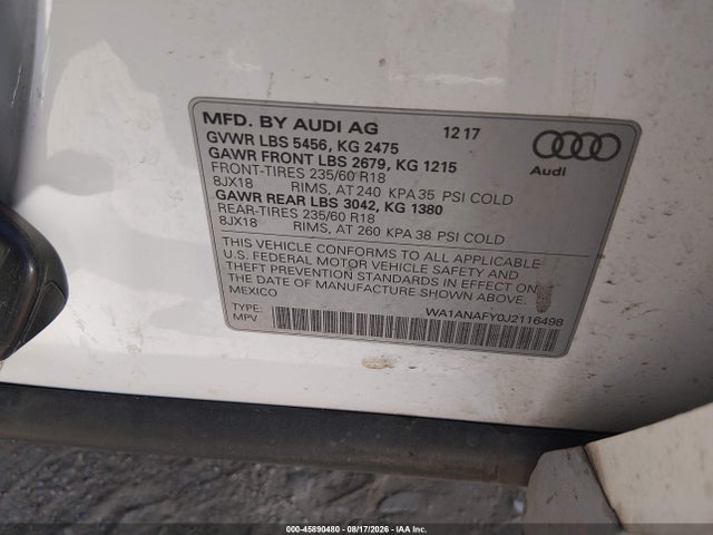 Aukcja sprzedaży 2018 Audi Q5 2.0t Premium/2.0t Tech Premium, vin: WA1ANAFY0J2116498, numer aukcji: 45890480