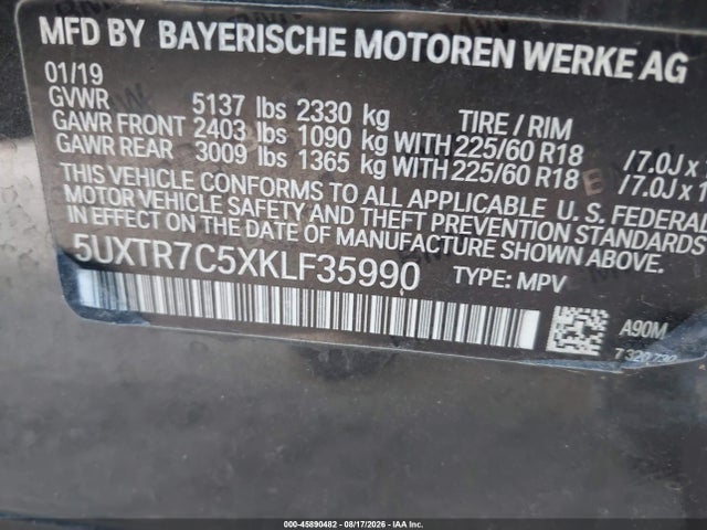 Продаж на аукціоні авто 2019 Bmw X3 Sdrive30i, vin: 5UXTR7C5XKLF35990, номер лоту: 45890482