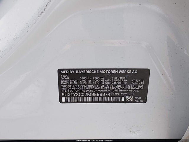 45890488 :رقم المزاد ، 5UXTY3C02M9E99874 vin ، 2021 Bmw X3 Sdrive30i مزاد بيع