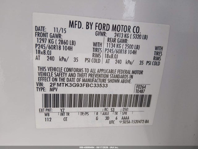 45890494 :رقم المزاد ، 2FMTK3G93FBC33533 vin ، 2015 Ford Edge Se مزاد بيع