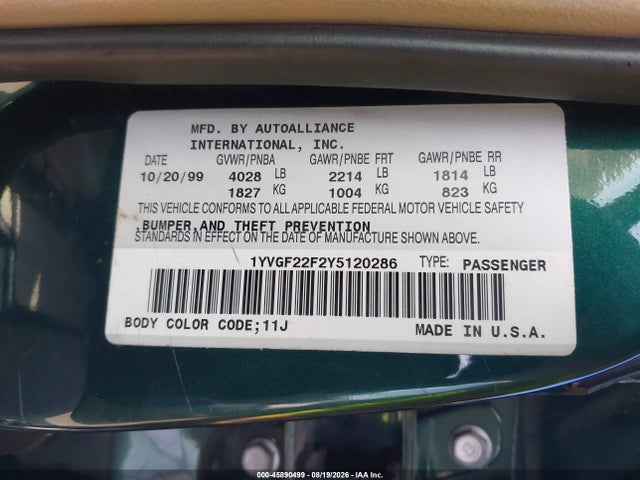Продаж на аукціоні авто 2000 Mazda 626 Es V6/lx V6, vin: 1YVGF22F2Y5120286, номер лоту: 45890499