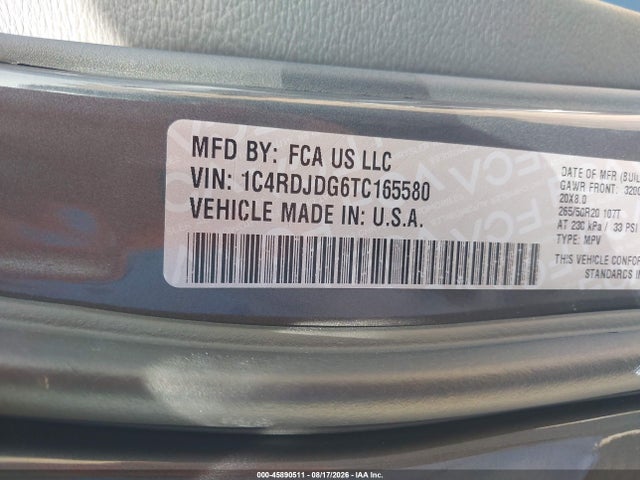 45890511 :رقم المزاد ، 1C4RDJDG6TC165580 vin ، 2026 Dodge Durango Gt Awd مزاد بيع