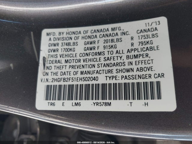 Honda Civic Lx 2014 2HGFB2F51EH502040 Image 9