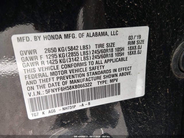 45890513 :رقم المزاد ، 5FNYF6H58KB066322 vin ، 2019 Honda Pilot Ex-l مزاد بيع