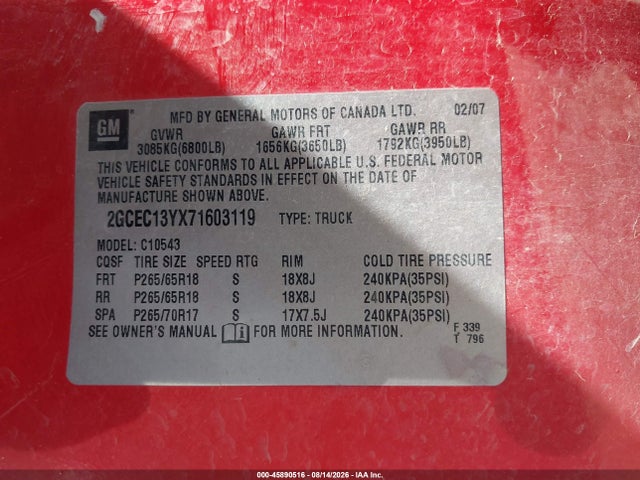 45890516 :رقم المزاد ، 2GCEC13YX71603119 vin ، 2007 Chevrolet Silverado 1500 Ltz مزاد بيع