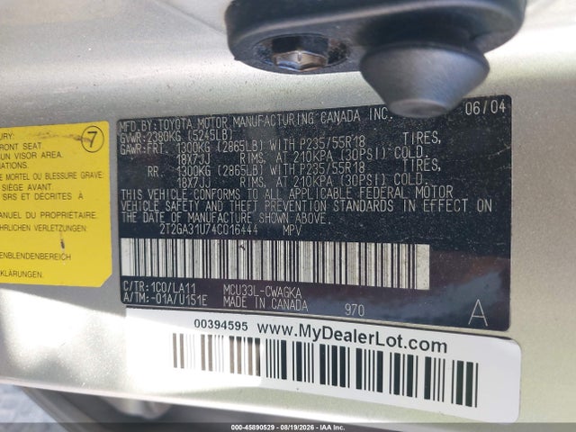 2004 Lexus Rx 330 მანქანა იყიდება აუქციონზე, vin: 2T2GA31U74C016444, აუქციონის ნომერი: 45890529