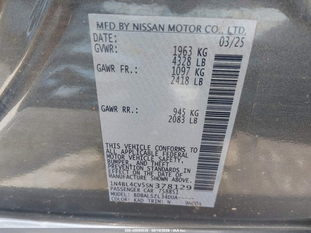 Продаж на аукціоні авто 2025 Nissan Altima Sr Fwd, vin: 1N4BL4CV5SN378129, номер лоту: 45890539