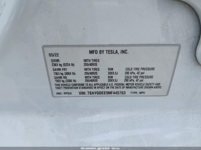 Aukcja sprzedaży 2022 Tesla Model Y Long Range Dual Motor All-wheel Drive, vin: 7SAYGDEE9NF445763, numer aukcji: 45890544