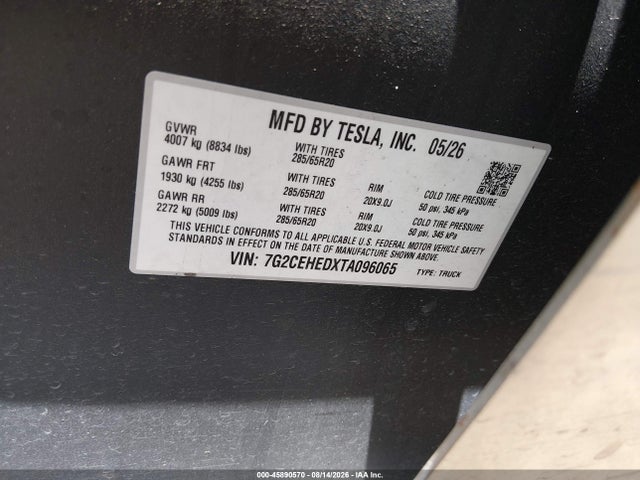 2026 Tesla Cybertruck Dual Motor All-wheel Drive/premium All-wheel Drive მანქანა იყიდება აუქციონზე, vin: 7G2CEHEDXTA096065, აუქციონის ნომერი: 45890570