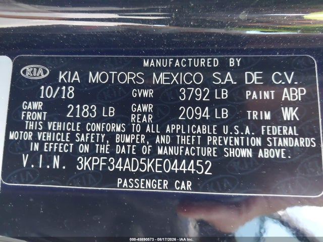 45890573 :رقم المزاد ، 3KPF34AD5KE044452 vin ، 2019 Kia Forte S مزاد بيع