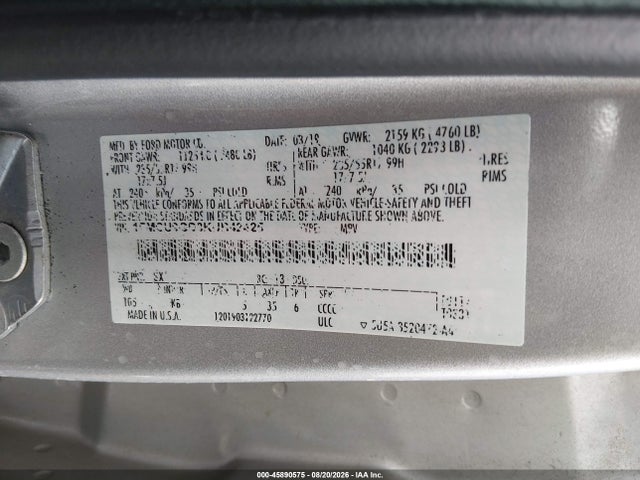 45890575 :رقم المزاد ، 1FMCU9GD8KUB42425 vin ، 2019 Ford Escape Se مزاد بيع