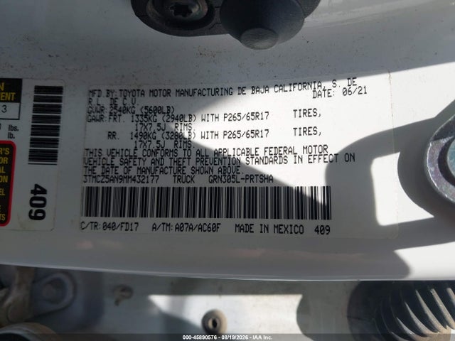 45890576 :رقم المزاد ، 3TMCZ5AN9MM432177 vin ، 2021 Toyota Tacoma Trd Sport مزاد بيع
