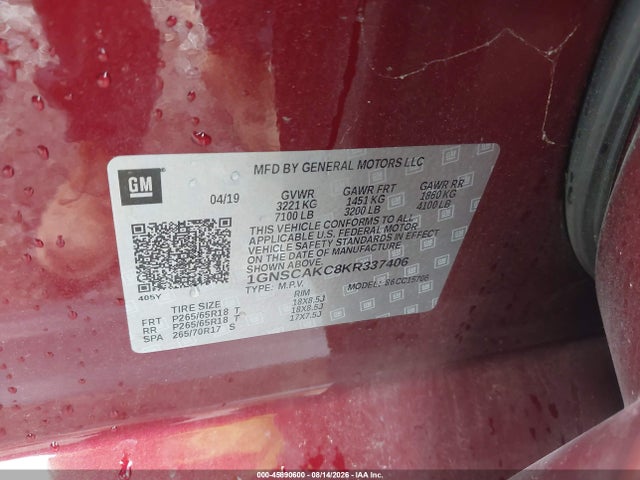 Aukcja sprzedaży 2019 Chevrolet Tahoe C1500 Ls, vin: 1GNSCAKC8KR337406, numer aukcji: 45890600
