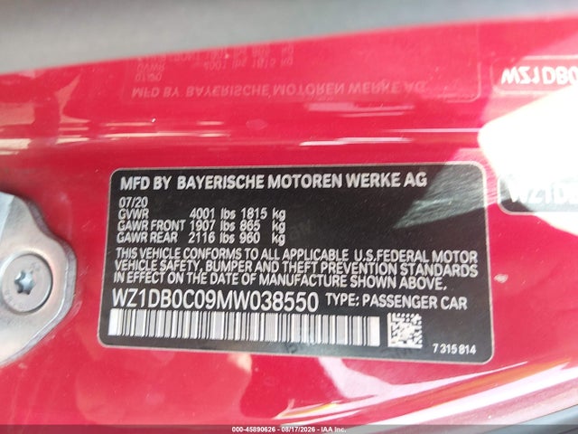 45890626 :رقم المزاد ، WZ1DB0C09MW038550 vin ، 2021 Toyota Gr Supra 3.0 Premium مزاد بيع