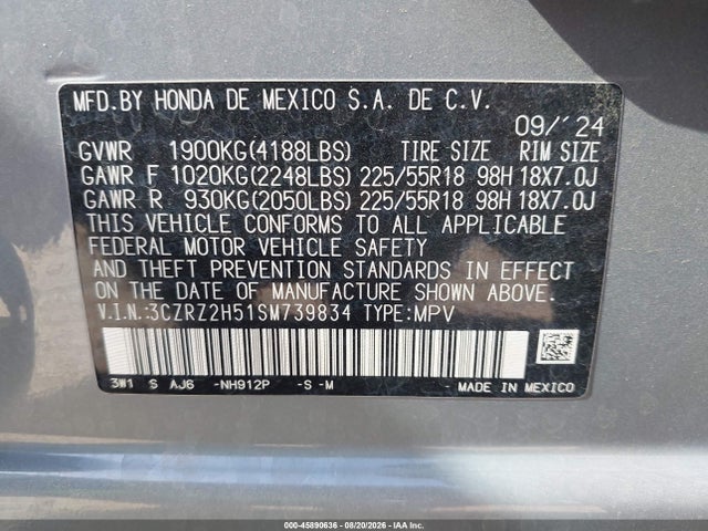 Продажа на аукционе авто 2025 Honda Hr-v Awd Sport, vin: 3CZRZ2H51SM739834, номер лота: 45890636