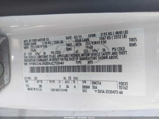 45890637 :رقم المزاد ، 1FMCU9J92DUC70540 vin ، 2013 Ford Escape Titanium مزاد بيع