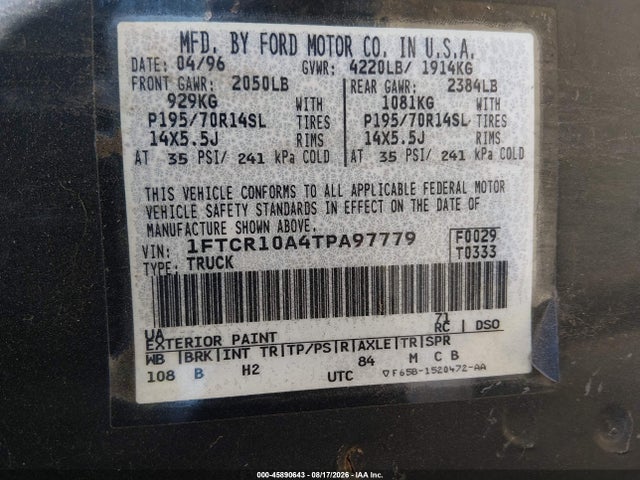 Продаж на аукціоні авто 1996 Ford Ranger, vin: 1FTCR10A4TPA97779, номер лоту: 45890643