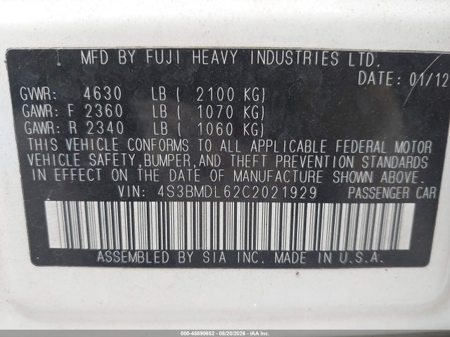 Aukcja sprzedaży 2012 Subaru Legacy 3.6r Limited, vin: 4S3BMDL62C2021929, numer aukcji: 45890652