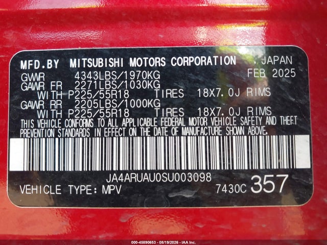 Aukcja sprzedaży 2025 Mitsubishi Outlander Sport 2.0 Es Awc/2.0 Le Awc/2.0 S Awc/2.0 Se Awc/2.0 Trail Edition Awc, vin: JA4ARUAU0SU003098, numer aukcji: 45890653