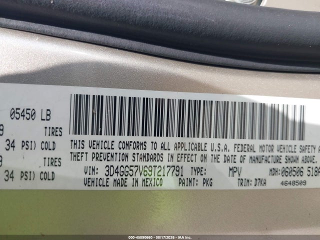 45890660 :رقم المزاد ، 3D4GG57V69T217791 vin ، 2009 Dodge Journey Sxt مزاد بيع