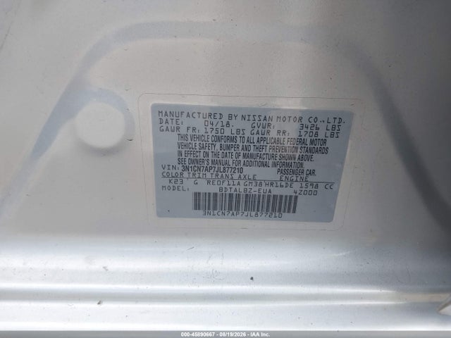 Продажа на аукционе авто 2018 Nissan Versa 1.6 Sv, vin: 3N1CN7AP7JL877210, номер лота: 45890667