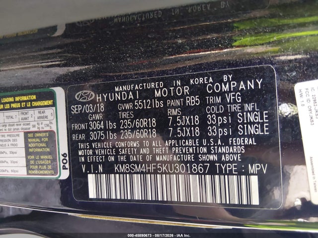 45890673 :رقم المزاد ، KM8SM4HF5KU301867 vin ، 2019 Hyundai Santa Fe Xl Se مزاد بيع