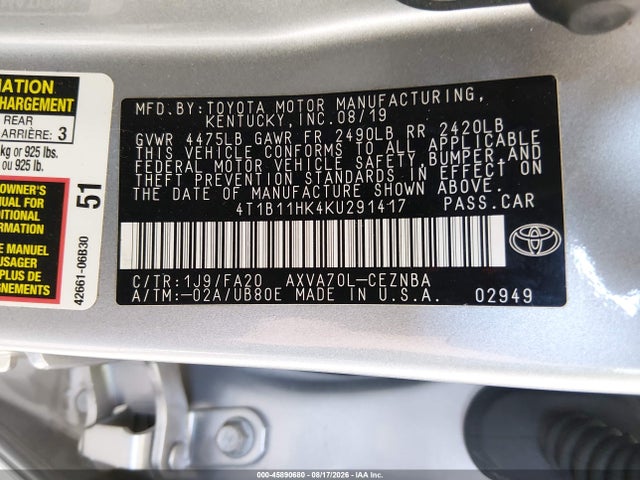 2019 Toyota Camry Le მანქანა იყიდება აუქციონზე, vin: 4T1B11HK4KU291417, აუქციონის ნომერი: 45890680