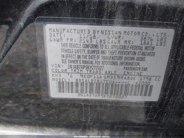 45890682 :رقم المزاد ، 3N1AB7AP9KY272027 vin ، 2019 Nissan Sentra Sv مزاد بيع