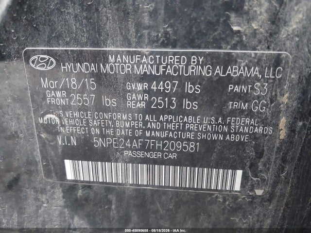 2015 Hyundai Sonata Se მანქანა იყიდება აუქციონზე, vin: 5NPE24AF7FH209581, აუქციონის ნომერი: 45890688