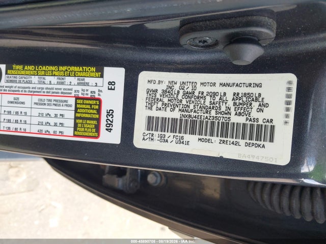 45890708 :رقم المزاد ، 1NXBU4EE1AZ350705 vin ، 2010 Toyota Corolla Le مزاد بيع