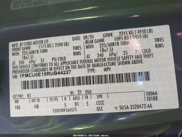 Продаж на аукціоні авто 2024 Ford Escape Phev, vin: 1FMCU0E15RUB44227, номер лоту: 45890714