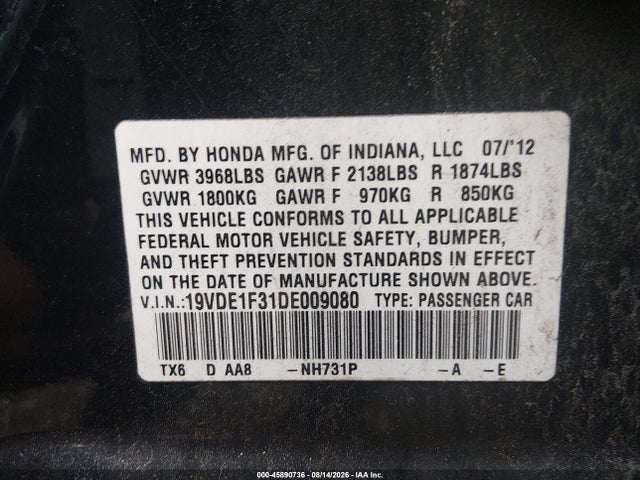 45890736 :رقم المزاد ، 19VDE1F31DE009080 vin ، 2013 Acura Ilx 2.0l مزاد بيع