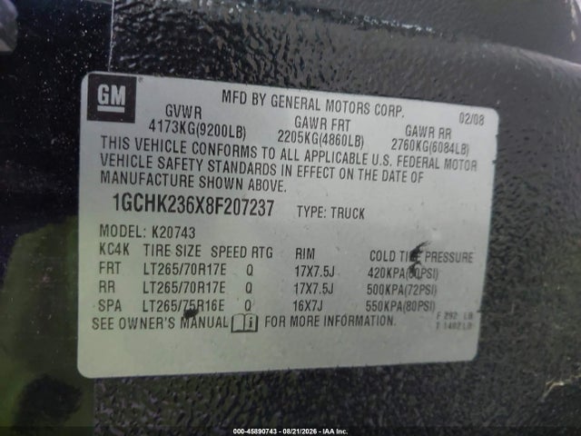 45890743 :رقم المزاد ، 1GCHK236X8F207237 vin ، 2008 Chevrolet Silverado 2500hd Ltz مزاد بيع