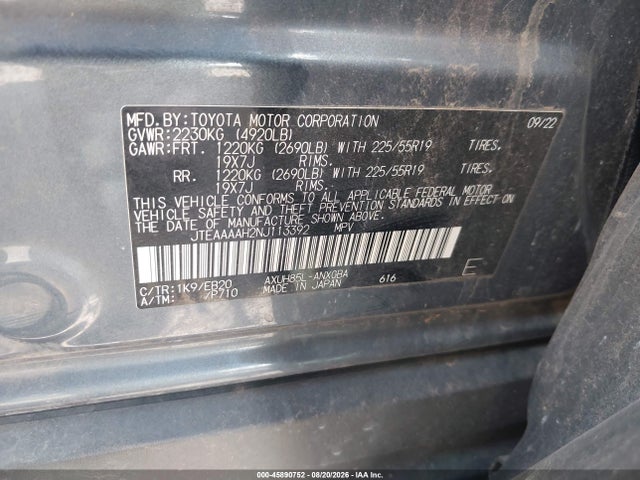 2022 Toyota Venza Xle მანქანა იყიდება აუქციონზე, vin: JTEAAAAH2NJ113392, აუქციონის ნომერი: 45890752