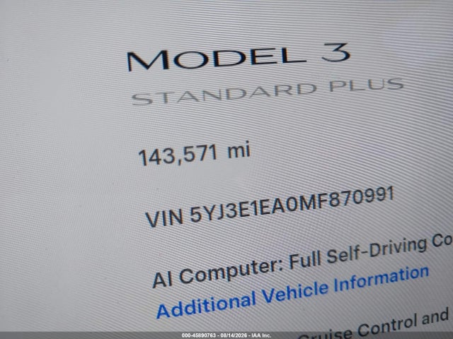 Продаж на аукціоні авто 2021 Tesla Model 3 Standard Range Plus Rear-wheel Drive, vin: 5YJ3E1EA0MF870991, номер лоту: 45890763
