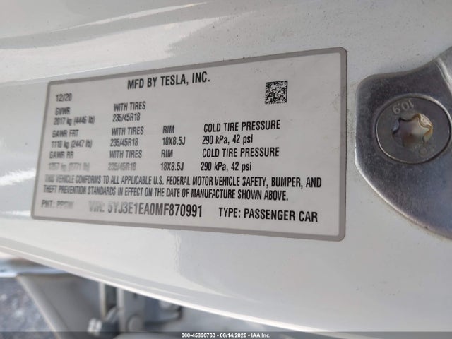 Продаж на аукціоні авто 2021 Tesla Model 3 Standard Range Plus Rear-wheel Drive, vin: 5YJ3E1EA0MF870991, номер лоту: 45890763