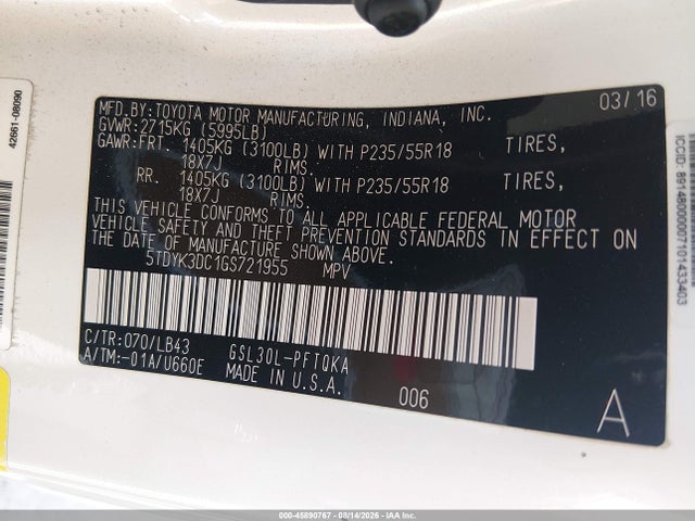 Продажа на аукционе авто 2016 Toyota Sienna Limited 7 Passenger, vin: 5TDYK3DC1GS721955, номер лота: 45890767
