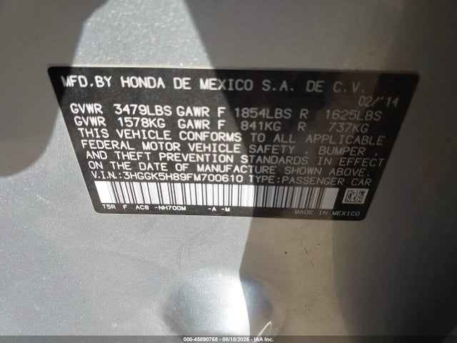 Продаж на аукціоні авто 2015 Honda Fit Ex/ex-l, vin: 3HGGK5H89FM700610, номер лоту: 45890768