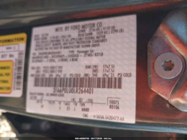 45890780 :رقم المزاد ، 3FA6P0LU0LR264401 vin ، 2020 Ford Fusion Hybrid Se مزاد بيع