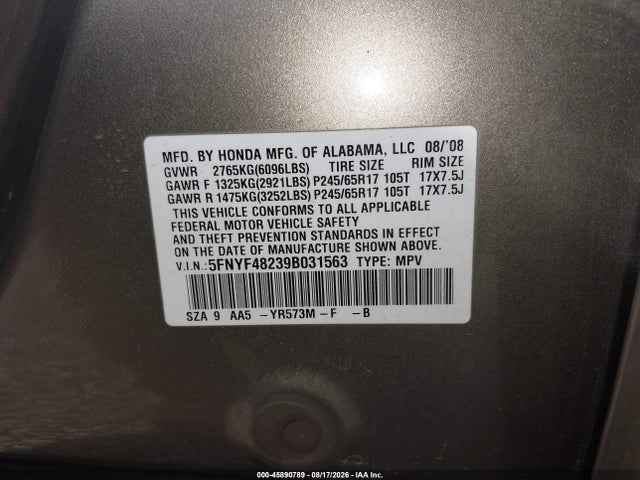 45890789 :رقم المزاد ، 5FNYF48239B031563 vin ، 2009 Honda Pilot Lx مزاد بيع