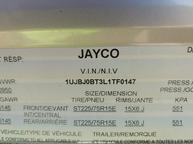 45890791 :رقم المزاد ، 1UJBJ0BT3L1TF0147 vin ، 2020 Jayco Jay Flight مزاد بيع