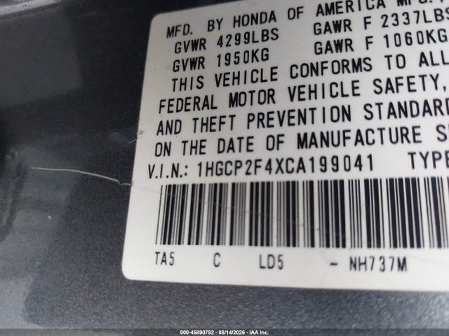 Aukcja sprzedaży 2012 Honda Accord 2.4 Lx-p, vin: 1HGCP2F4XCA199041, numer aukcji: 45890792