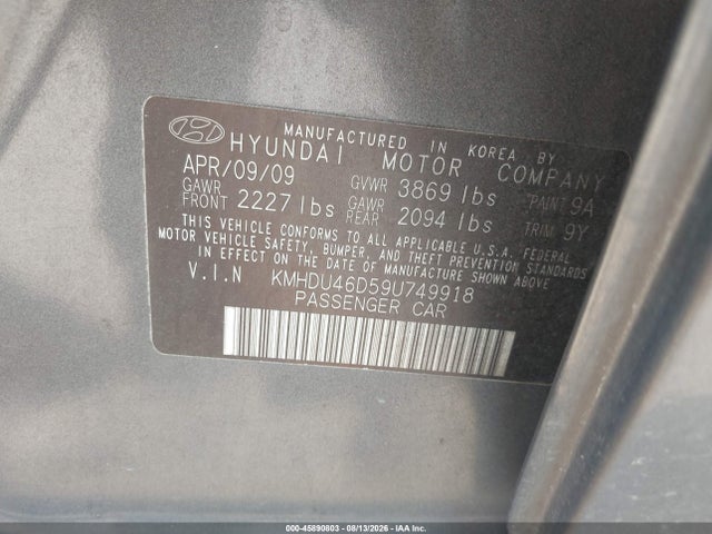 Продажа на аукционе авто 2009 Hyundai Elantra Gls, vin: KMHDU46D59U749918, номер лота: 45890803