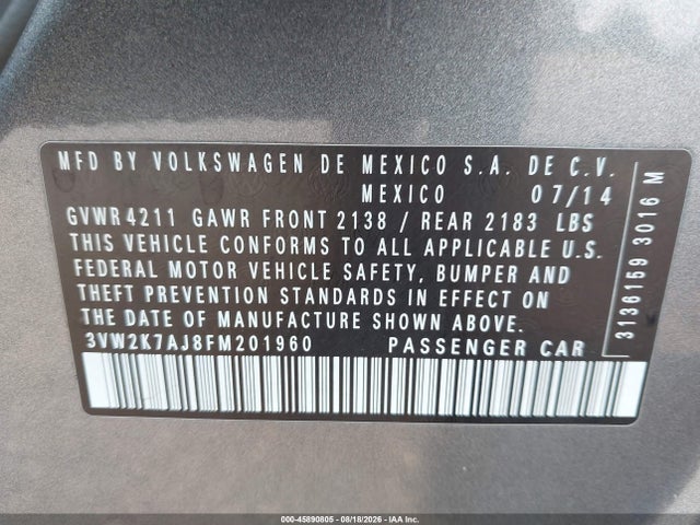 Aukcja sprzedaży 2015 Volkswagen Jetta 2.0l S, vin: 3VW2K7AJ8FM201960, numer aukcji: 45890805