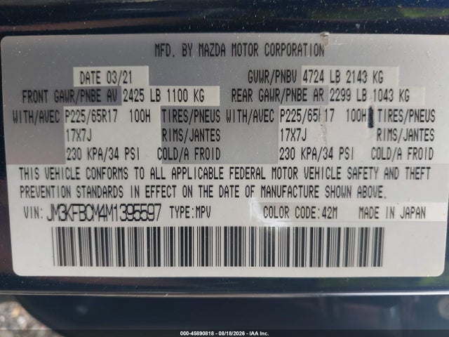 45890818 :رقم المزاد ، JM3KFBCM4M1395597 vin ، 2021 Mazda Cx-5 Touring مزاد بيع